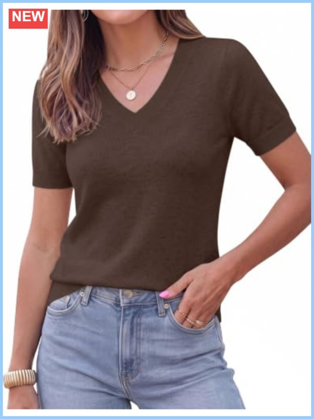 Wool Blend V-Neck Short Sleeve Pullover Sweater Top Business Casual